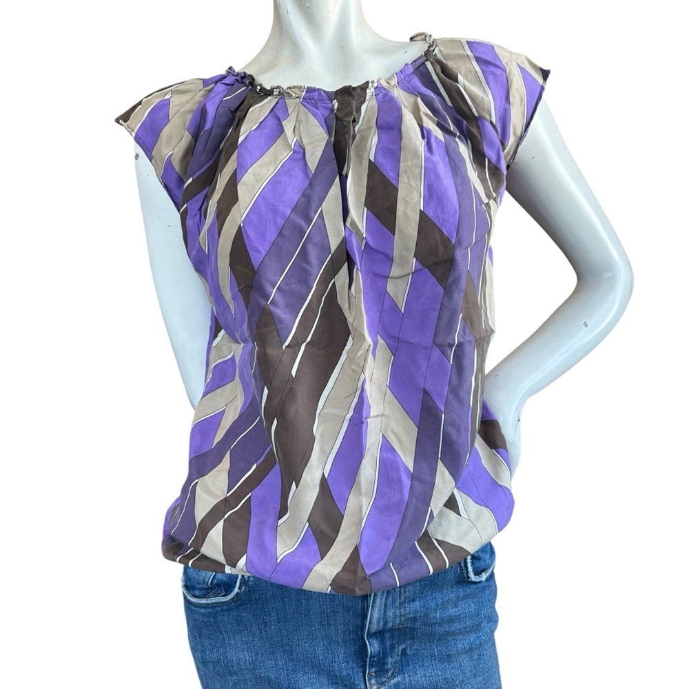 Michael Kors Tan Brown Purple 100% Silk Modest Short Sleeve Blouse Size 2